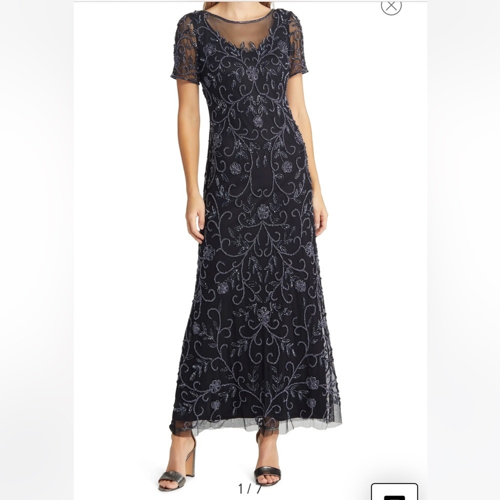 Floral Beaded Short Sleeve A-Line Gown